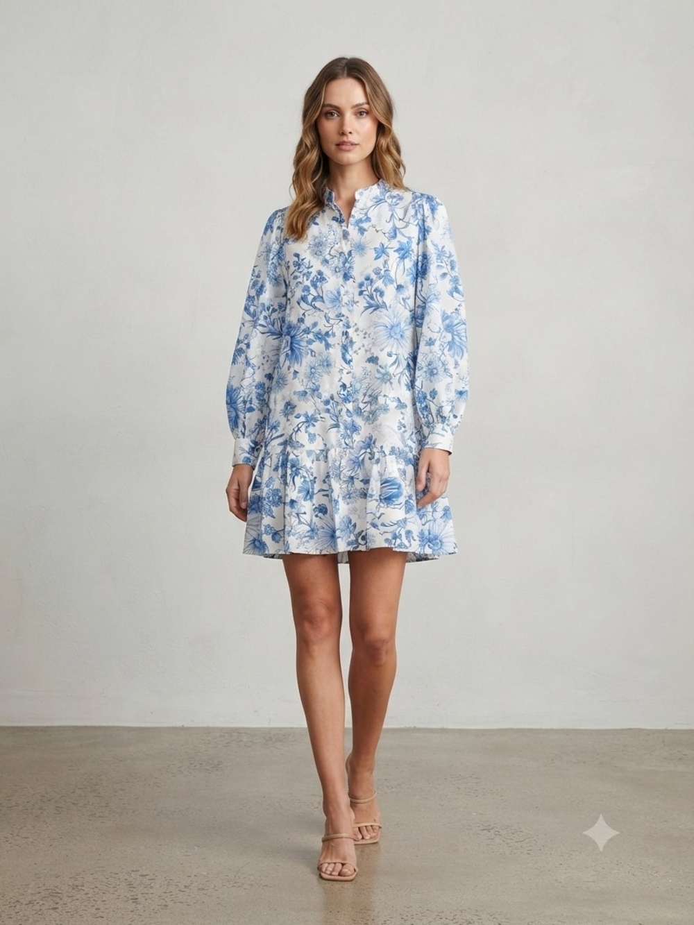 H&M Floral Print Long- Sleeve Mini Dress with Ruffle Hem 100% Viscoce Size M